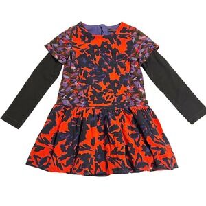 Catimini Floral Drop‎ Waist Dress Kids Size 5 Red Purple Black Long Sleeve